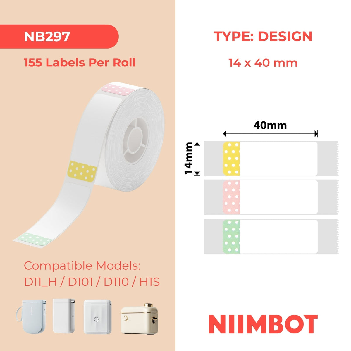 NIIMBOT - D Range - 14x40mm - Polka Dots - 155 Labels