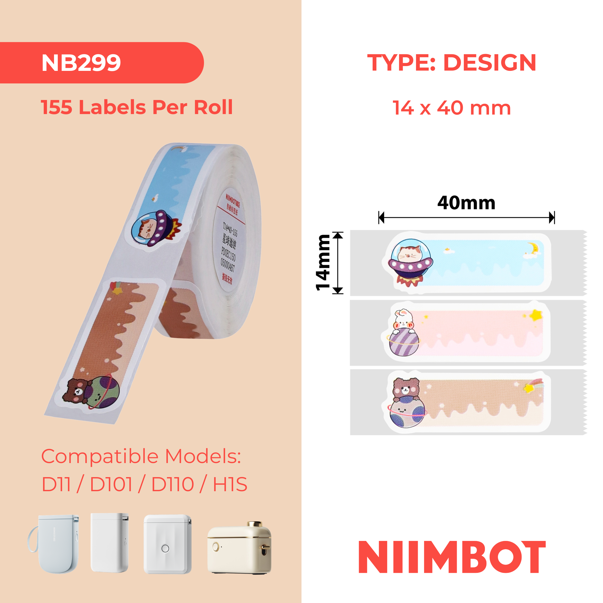 NB299 - NIIMBOT - D11 / D101 / D110 - 14*40MM - 155 ETIKETTE PER ROL - PLANET TOUR ONTWERP