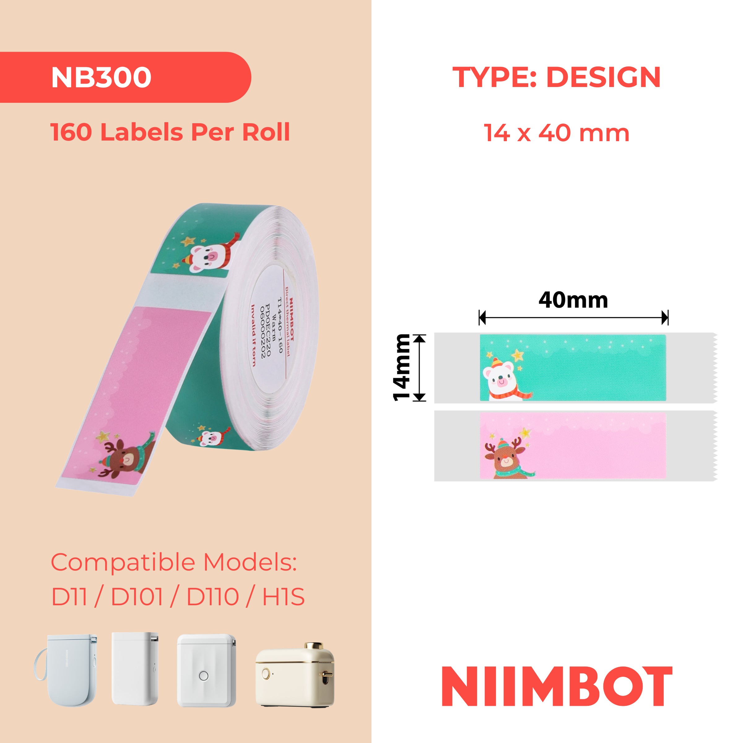 NB300 - NIIMBOT - D11 / D101 / D110 - R14*40 - 160 ETIKETTE PER ROL - KLEUR DIERE-ONTWERP