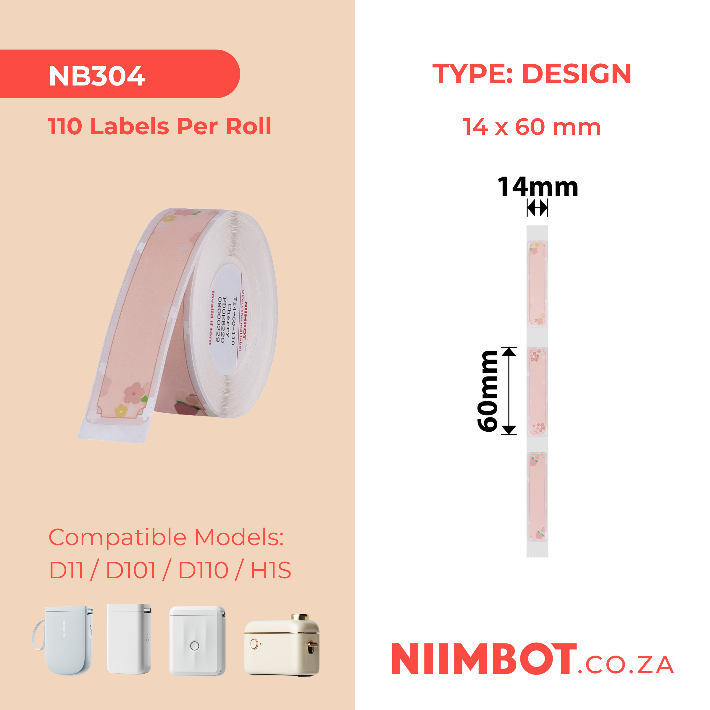 NB304 - NIIMBOT - D11 / D101 / D110 - R14*60 - 110 LABELS NGAMUNYE I-ROLL - I-CHERY PINK DESIGN