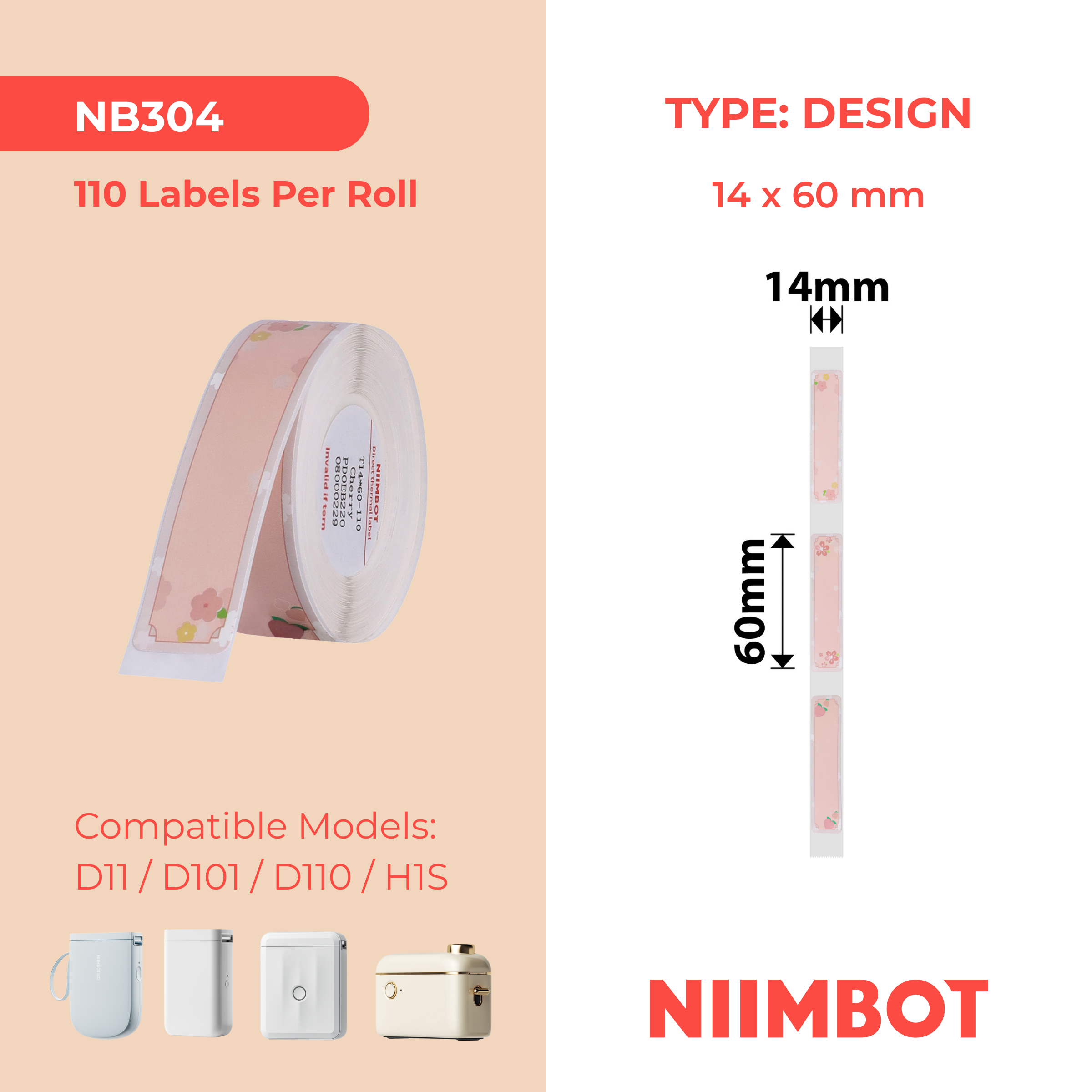 NB304 - NIIMBOT - D11 / D101 / D110 / H1S - 14X60MM - 110 CHERRY PINK LABELS