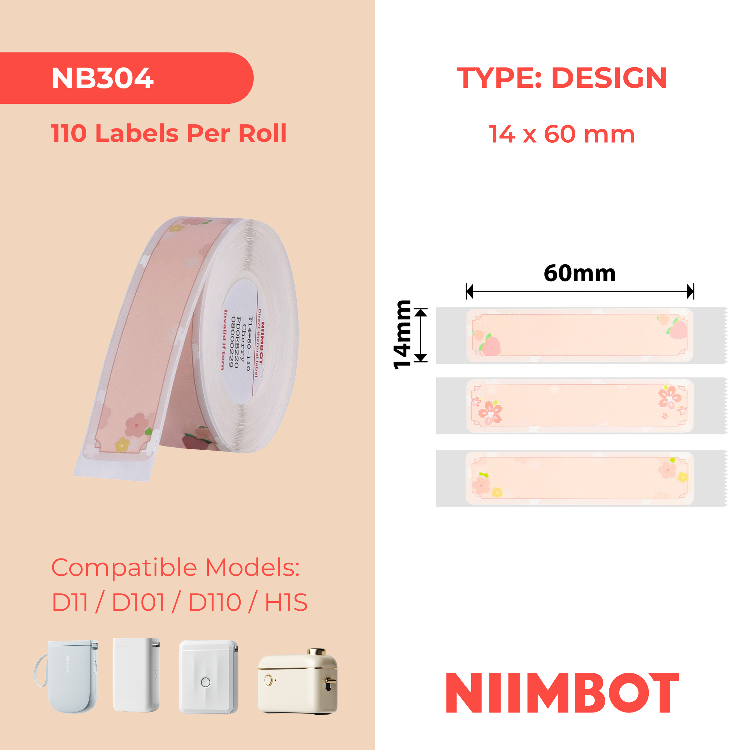 NB304 - NIIMBOT - D11 / D101 / D110 - R14*60 - 110 ETIKETTE PER ROL - KERSIEPIENK ONTWERP