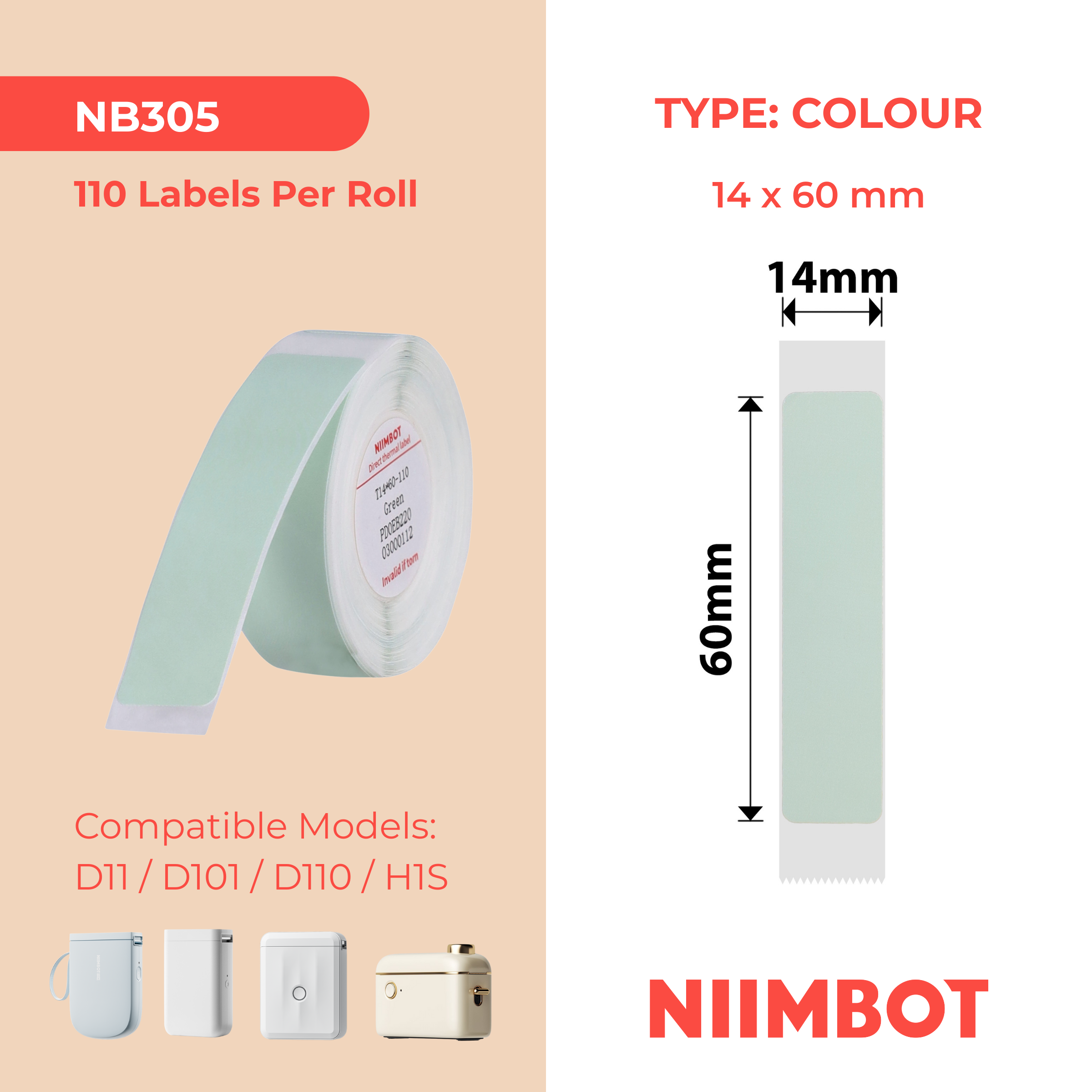 NB305 - NIIMBOT - D11 / D101 / D110 / H1S - R14X60MM - 110 LABELS PER ROLL - GREEN