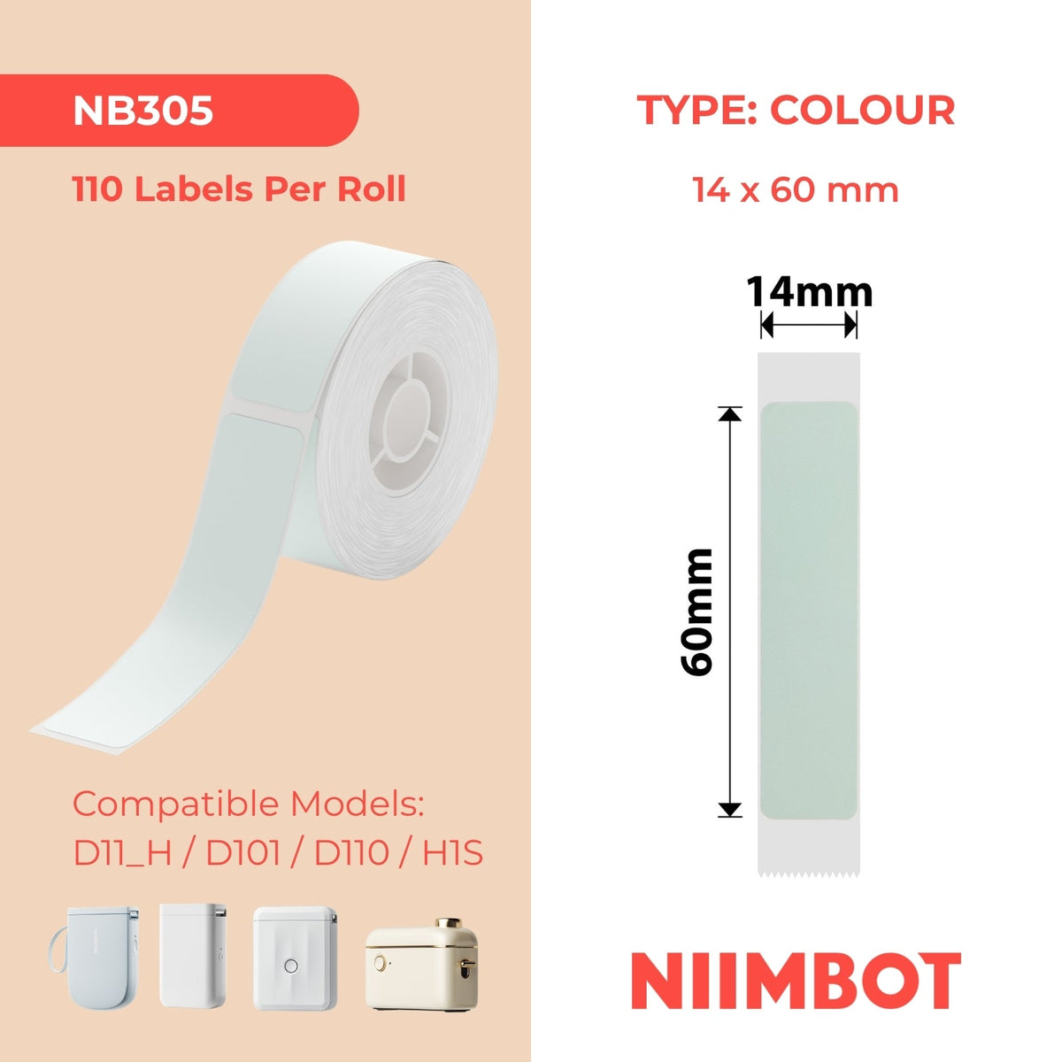NIIMBOT - D Range - 14x60mm - Green - 110 Labels