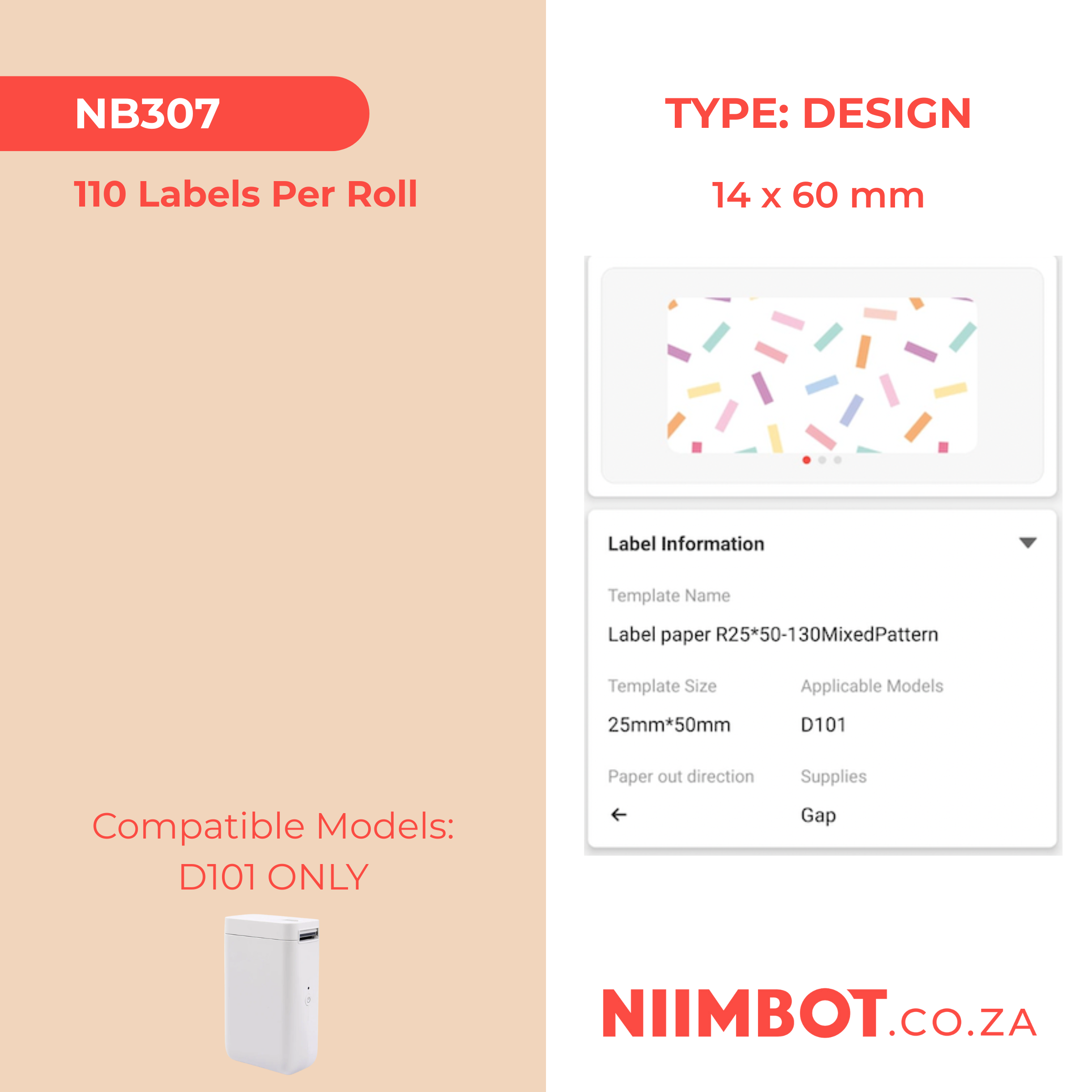 I-NB307 - NIIMBOT - D101 KUPHELA - R14*60 - 110 AMALEBHU NGOKUQONGA NGAWO - - IMIKWE YEPHETHINI ENGAPHAMBILI