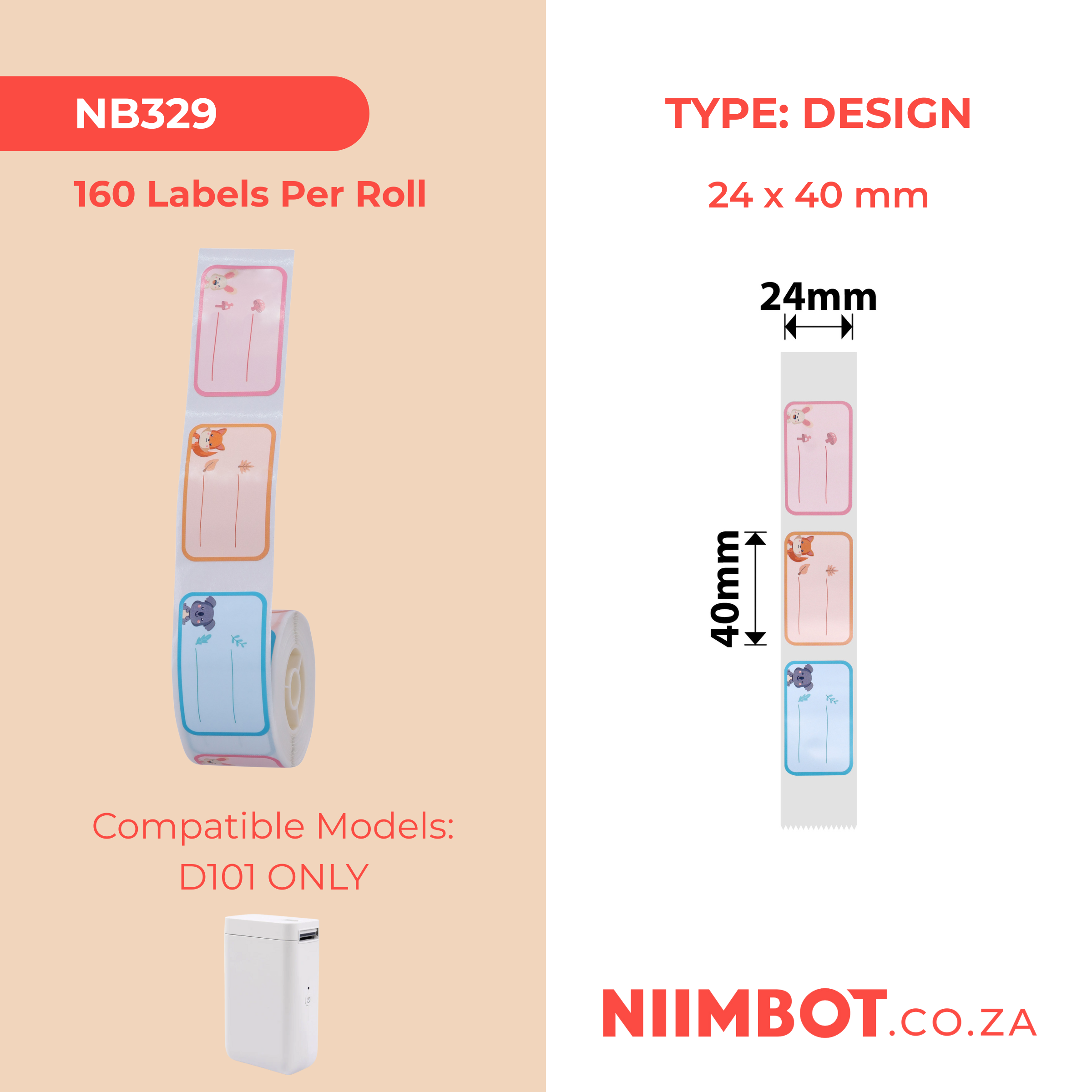 NB329 - NIIMBOT - D101 ONLY - R24*40 - 160 LABELS PER ROLL - ANIMAL LEAGUE DESIGN