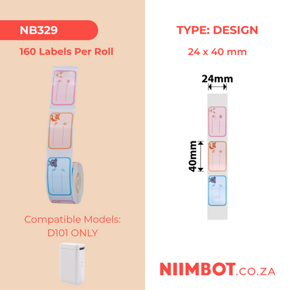 NB329 - NIIMBOT - D101 ONLY - R24*40 - 160 LABELS PER ROLL - ANIMAL LEAGUE DESIGN