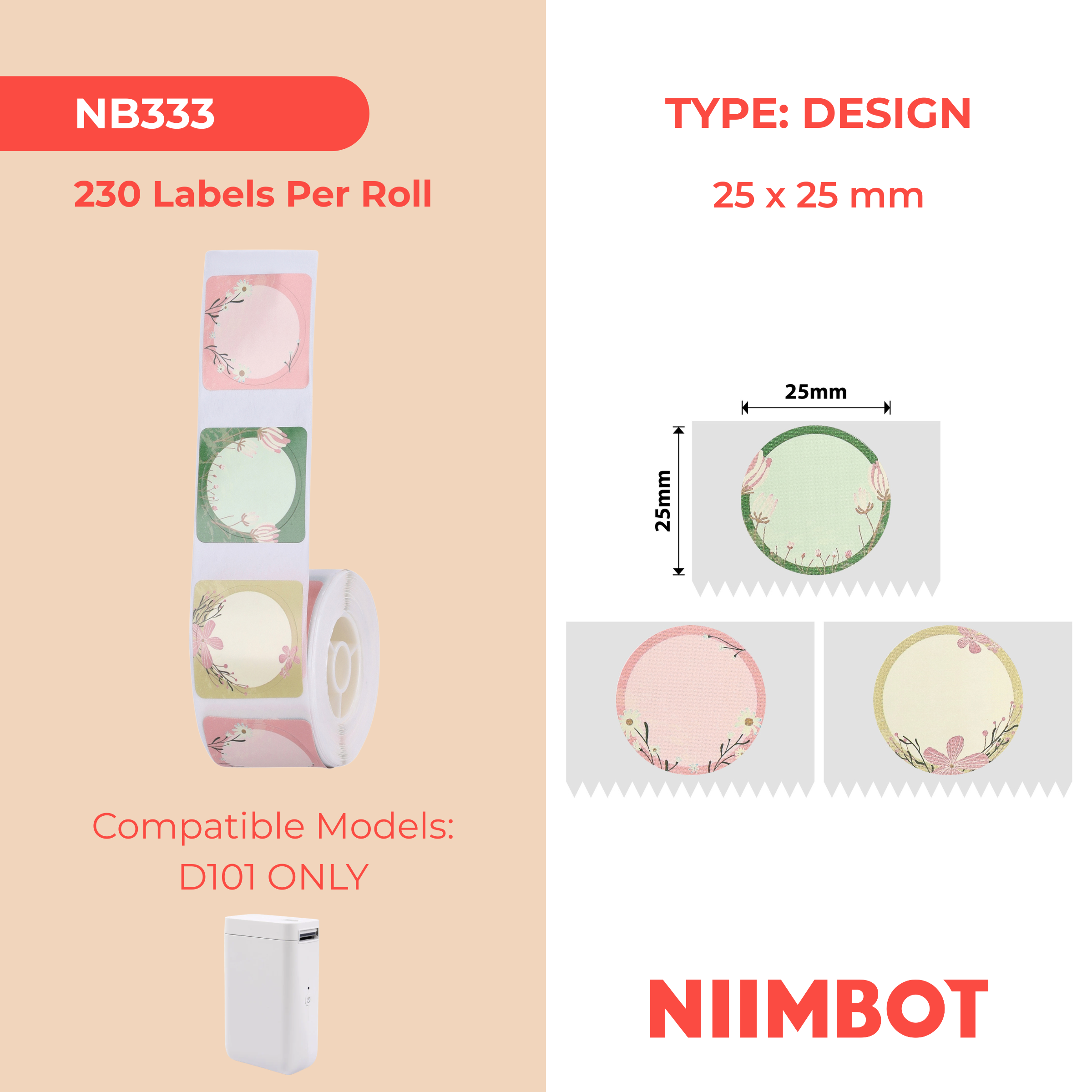 NB333 - NIIMBOT - SLEGS D101 - R25*25 - 230 ETIKETTE PER ROL - BLOMONTWERP