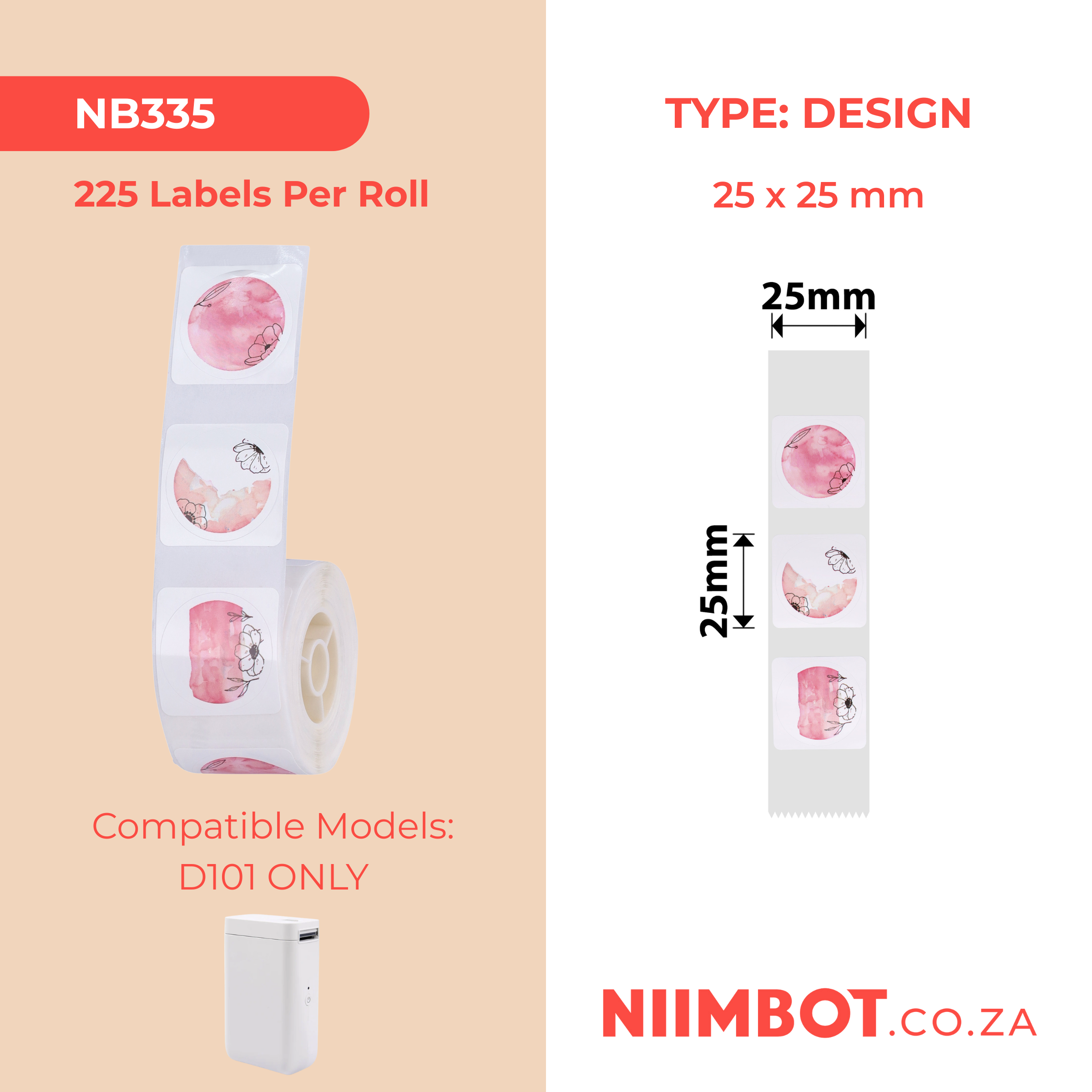 NB335 - NIIMBOT - D101 ONLY - R25*25 - 225 LABELS PER ROLL - ROUND - PINK