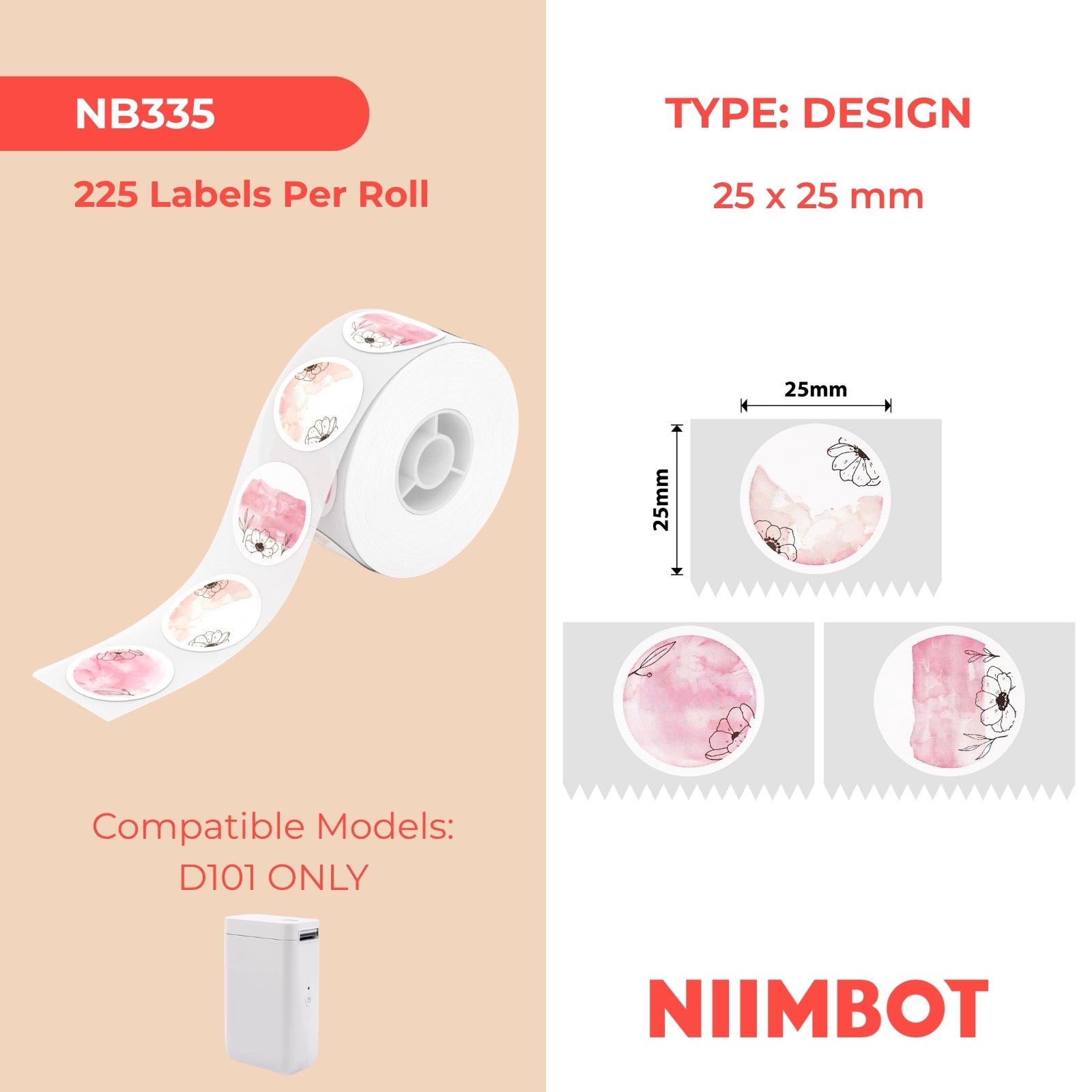 NB335 - NIIMBOT - SLEGS D101 - R25*25 - 225 ETIKETTE PER ROL - ROND - PIENK