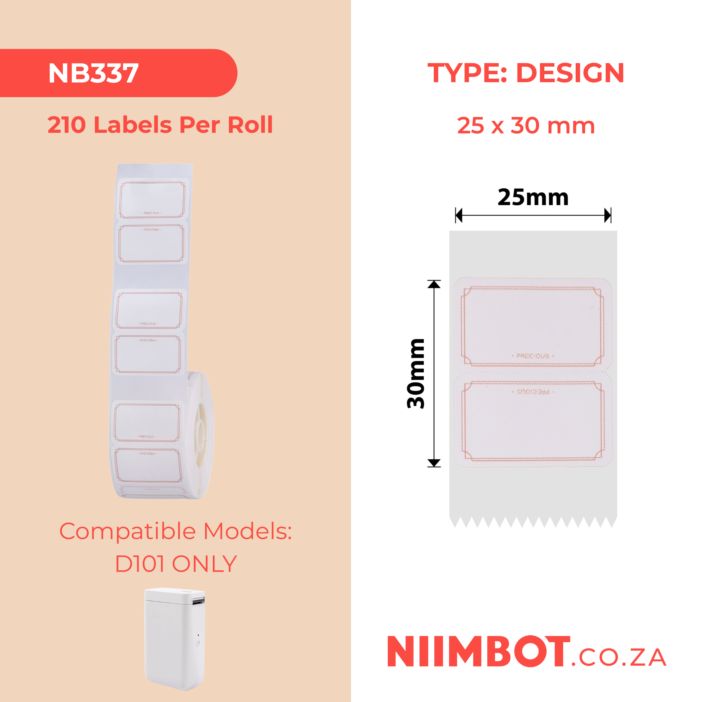 NB337 - NIIMBOT - D101 ONLY - R25*30 - 210 LABELS PER ROLL - ELEGANT DESIGN