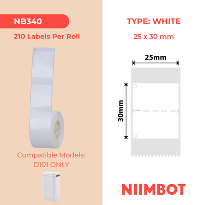NB340 - NIIMBOT - D101 ONLY - 25X30MM - 210 WHITE WITH HOLE LABELS