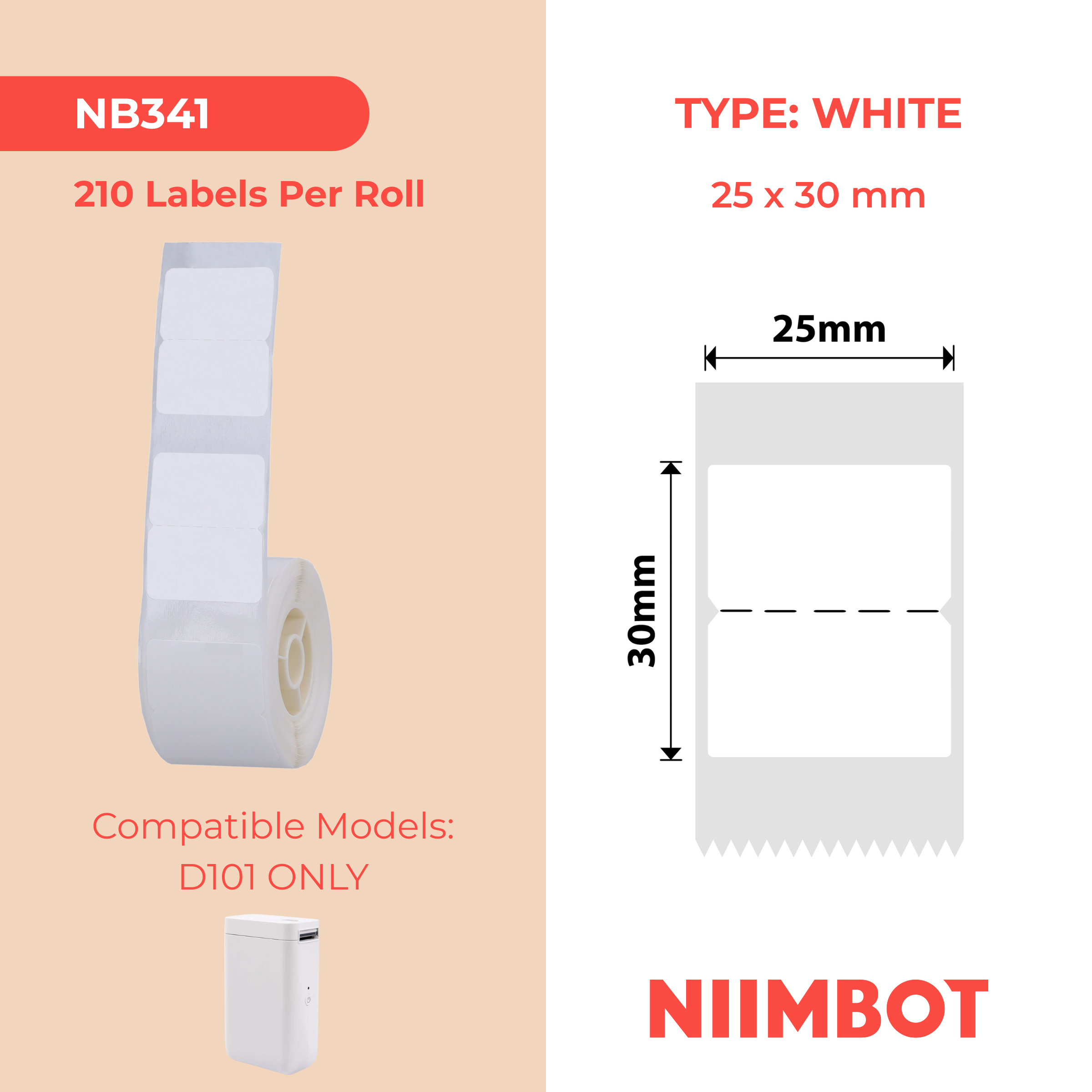 NB341 - NIIMBOT - D101 ONLY - 25X30MM - 210 WHITE NO HOLE LABELS