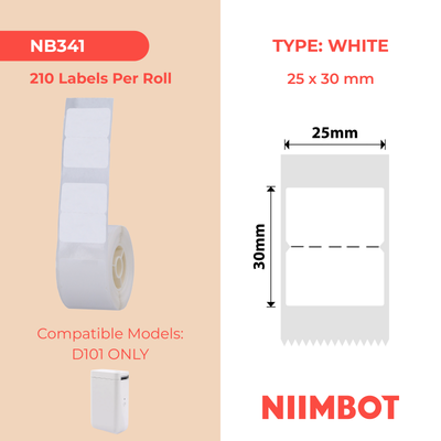 NB341 - NIIMBOT - D101 ONLY - 25X30MM - 210 WHITE NO HOLE LABELS
