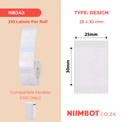 NB343 - NIIMBOT - SLEGS D101 - R25*30 - 210 ETIKETTE PER ROL - SNEEU KLEUR ONTWERP