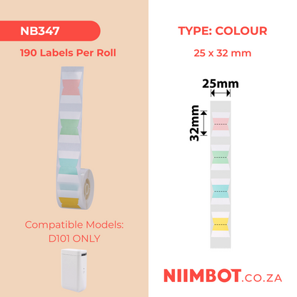 NB347 - NIIMBOT - D101 ONLY - R25*32 - 190 LABELS PER ROLL - T SHAPE INDEX MIXED COLOURS