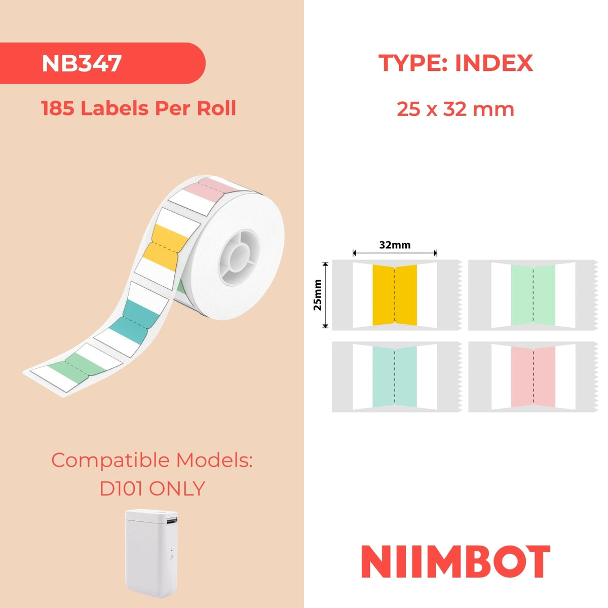NIIMBOT - D101 Only - 25x32mm - Index Mixed Colours - 185 Labels