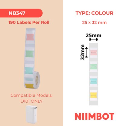NB347 - NIIMBOT - D101 ONLY - R25X32MM - 190 LABELS PER ROLL - T SHAPE INDEX MIXED COLOURS