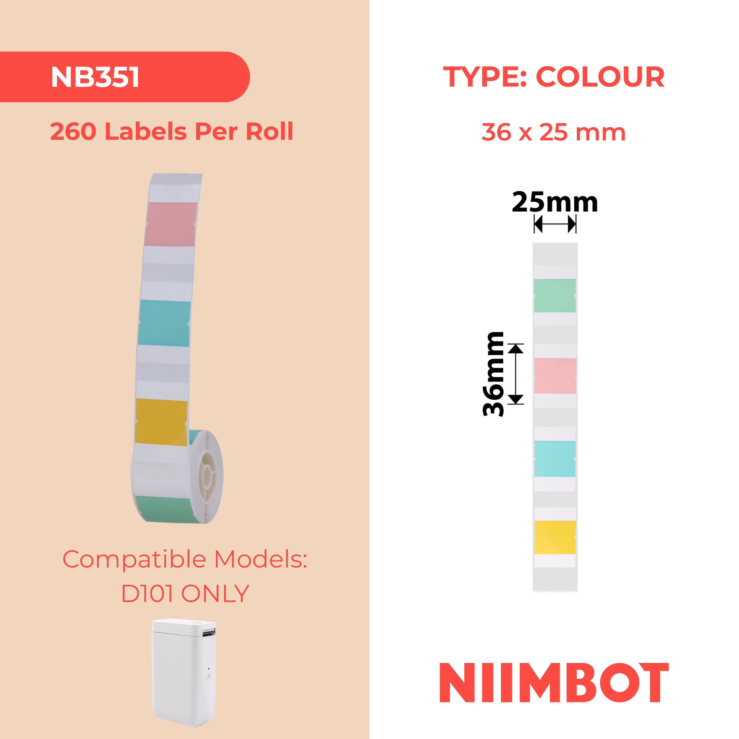 NB351 - NIIMBOT - D101 ONLY - T36X25MM - 260 LABELS PER ROLL - SQUARE INDEX DESIGN