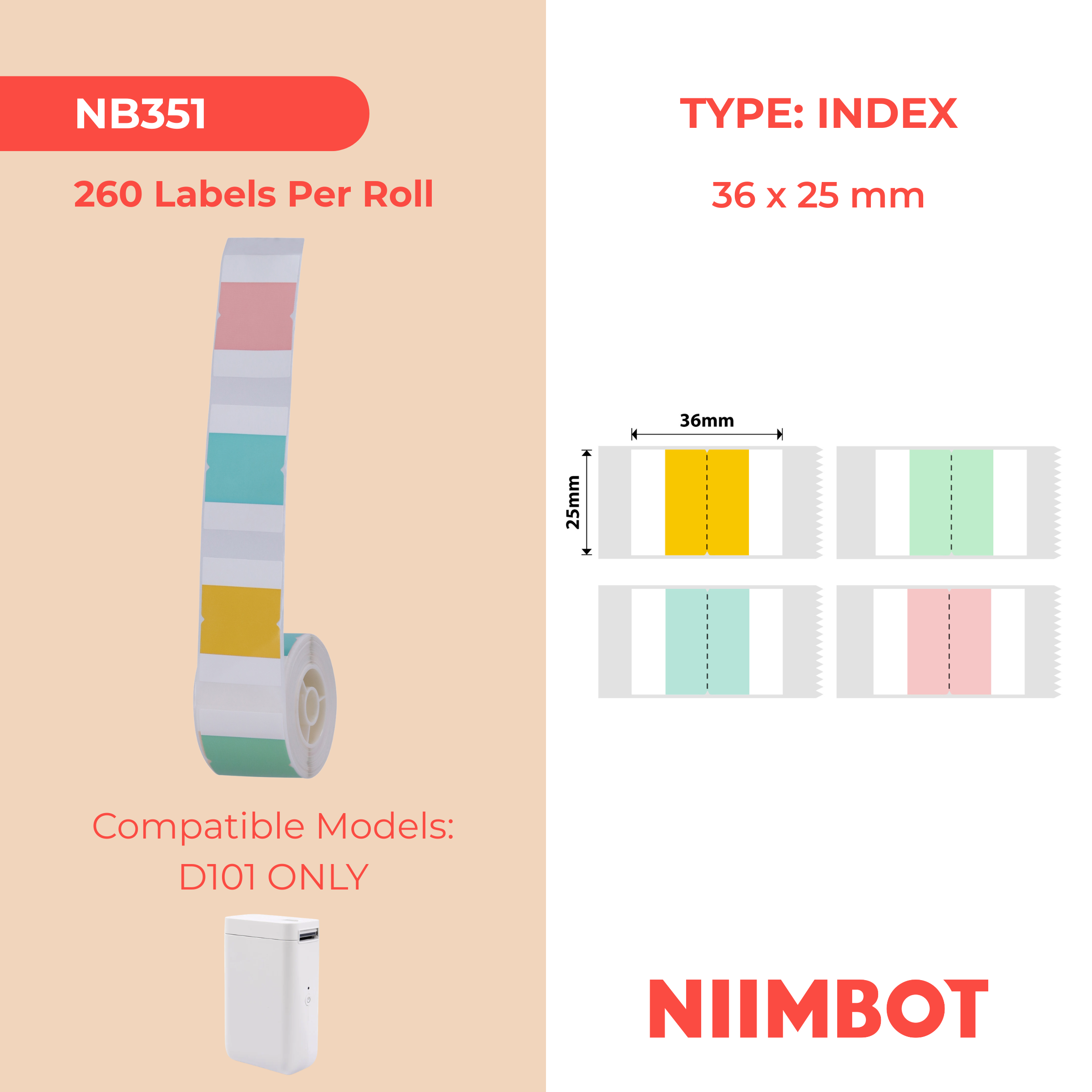 NB351 - NIIMBOT - D101 KUPHELA - T36*25 - 260 AMALEBHU NGOKUQHUBEKA NGAMUNYE - UKWENZIWA KWE-INDEX SQUARE
