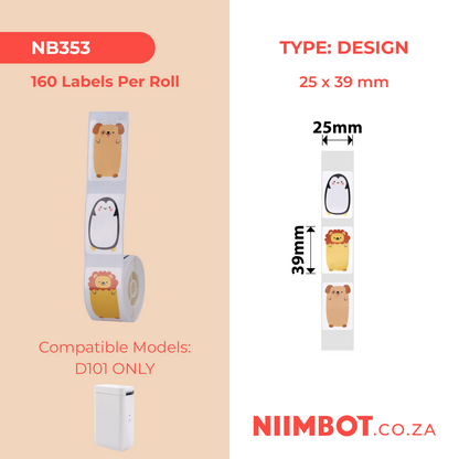 NB353 - NIIMBOT - SLEGS D101 - R25*39 - 160 ETIKETTE PER ROL - DIERE-ONTWERP