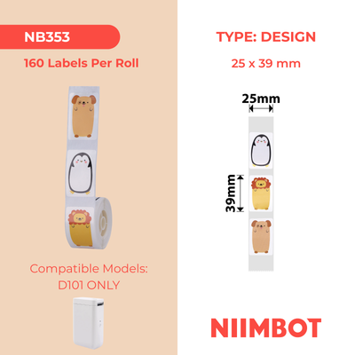 NB353 - NIIMBOT - D101 ONLY - 25X39MM - 160 ANIMALS LABELS