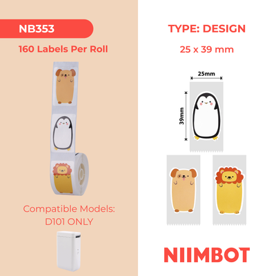 NB353 - NIIMBOT - SLEGS D101 - R25*39 - 160 ETIKETTE PER ROL - DIERE-ONTWERP