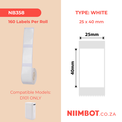 NB358 - NIIMBOT - SLEGS D101 - R25*40 - 160 ETIKETTE PER ROL - WIT