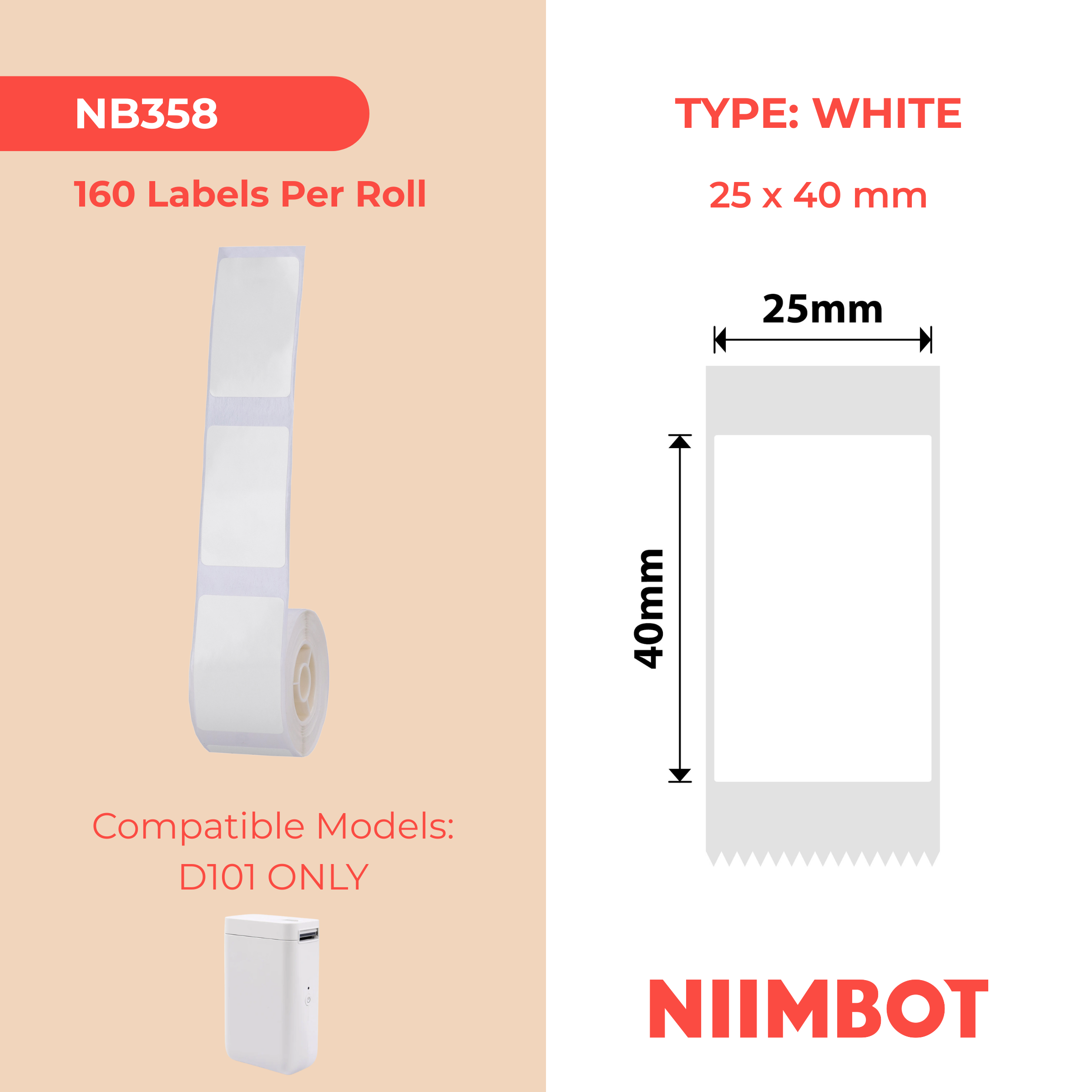 NB358 - NIIMBOT - D101 ONLY - 25X40MM - 160 WHITE LABELS