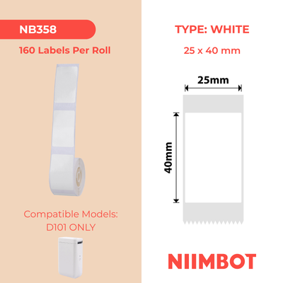 NB358 - NIIMBOT - D101 ONLY - 25X40MM - 160 WHITE LABELS
