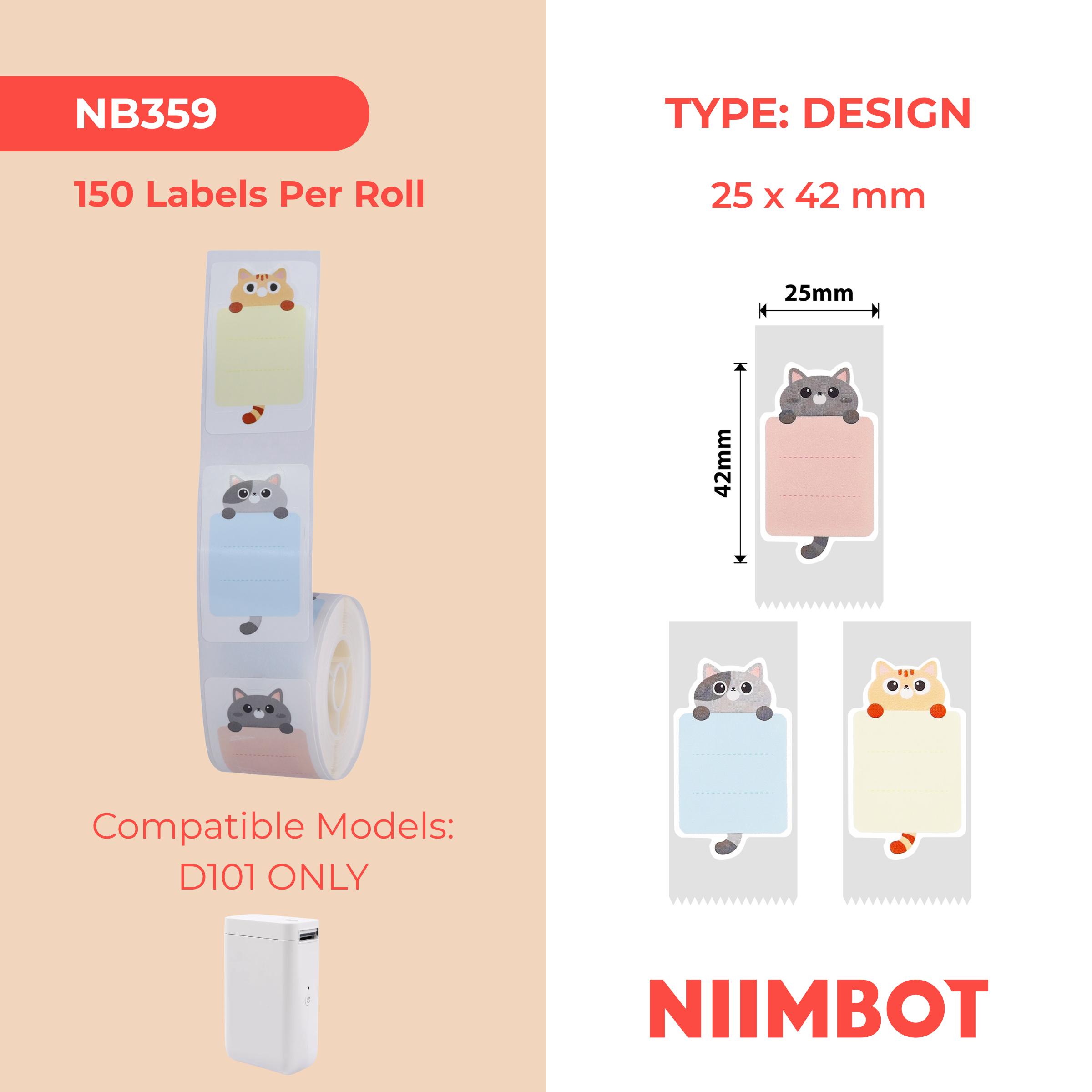 NB359 - NIIMBOT - SLEGS D101 - R25*42 - 150 ETIKETTE PER ROL - BABA KAT ONTWERP