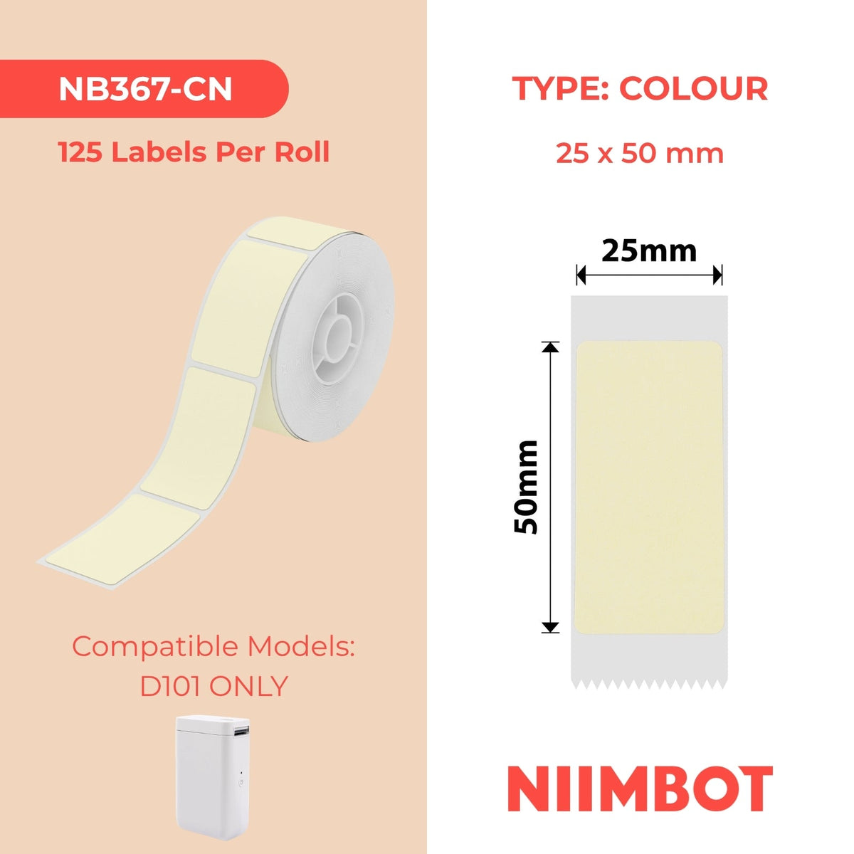NIIMBOT - D101 Only - 25x50mm - Lemon Yellow - 125 Labels - CN