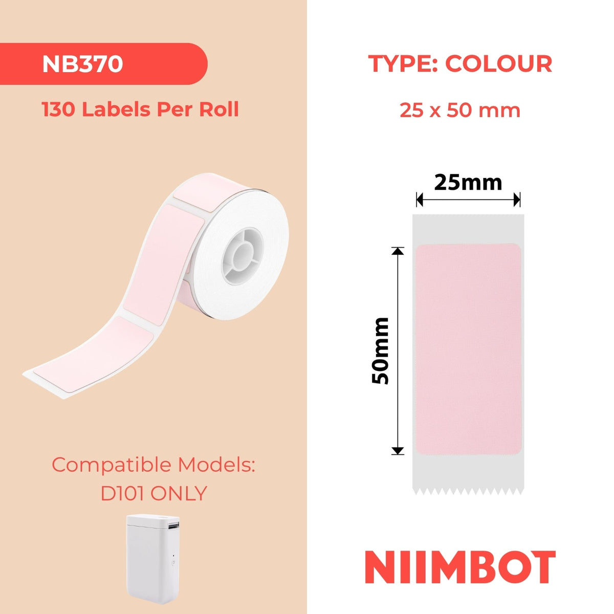 NIIMBOT - D101 Only - 25x50mm - Pink - 130 Labels