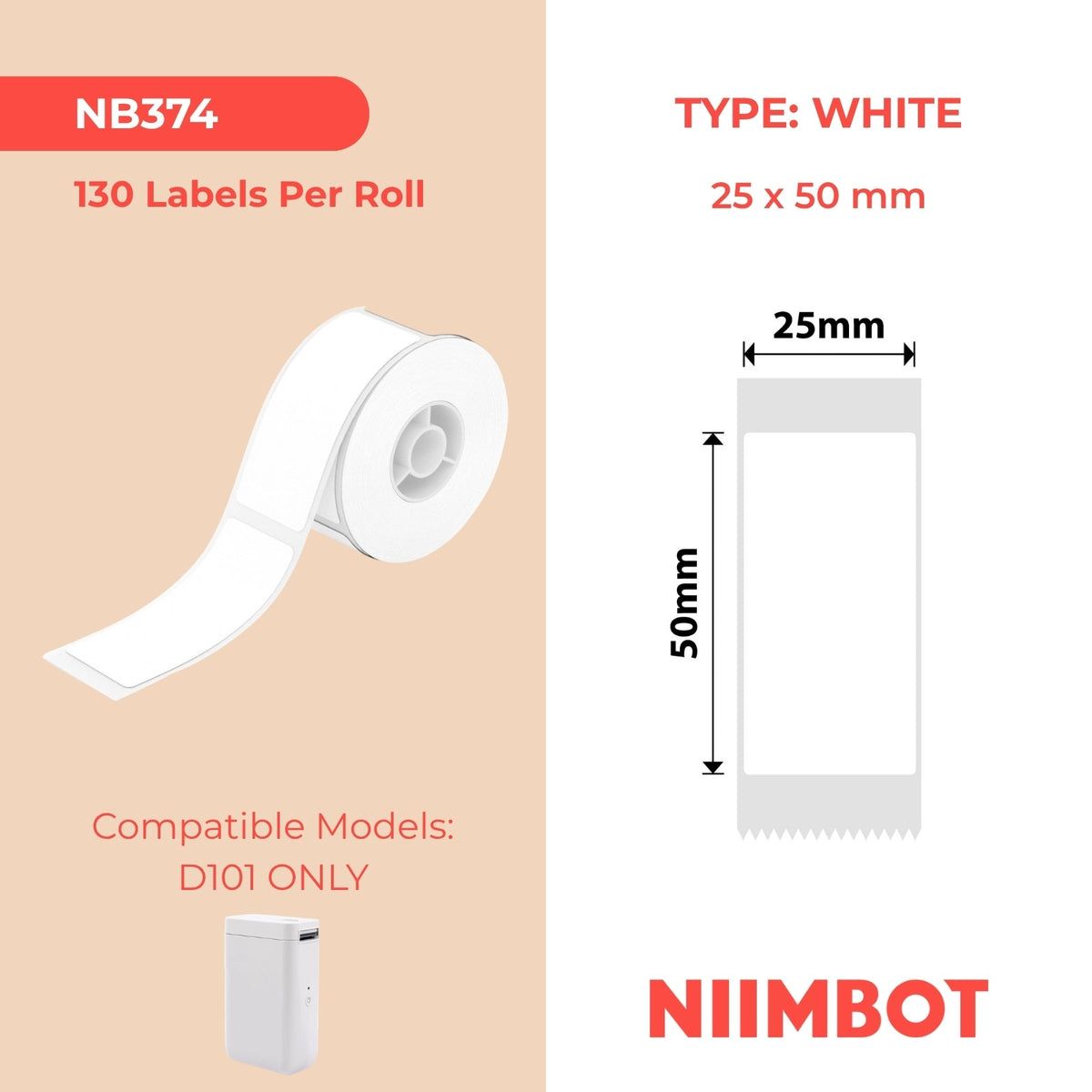 NIIMBOT - D101 Only - 25x50mm - White - 125 Labels