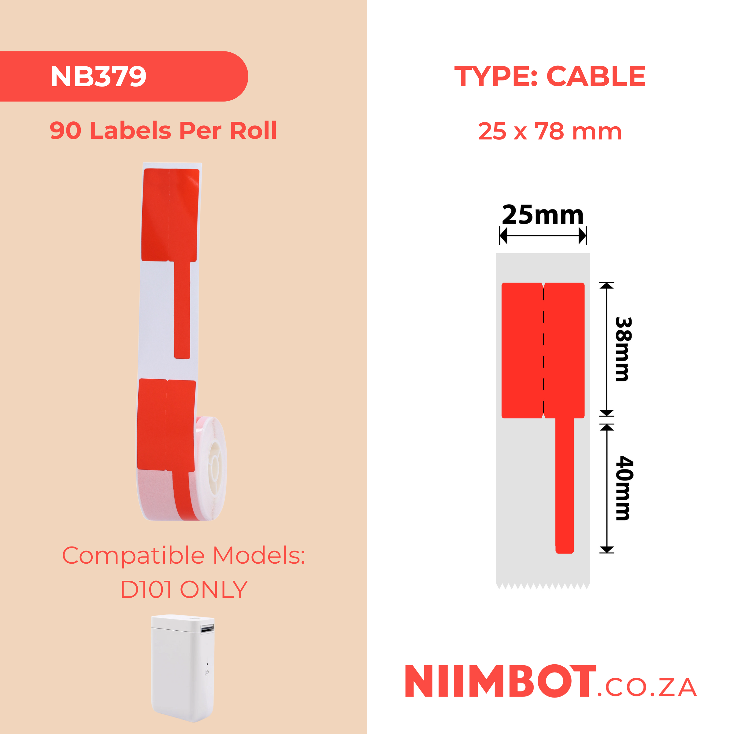 NB379 - NIIMBOT - D101 ONLY - R25*78 - 90 LABELS PER ROLL - CABLE - RED