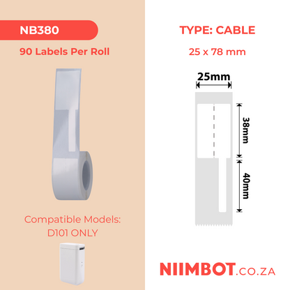 NB380 - NIIMBOT - D101 ONLY - R25*78 - 100 LABELS PER ROLL - CABLE - WHITE