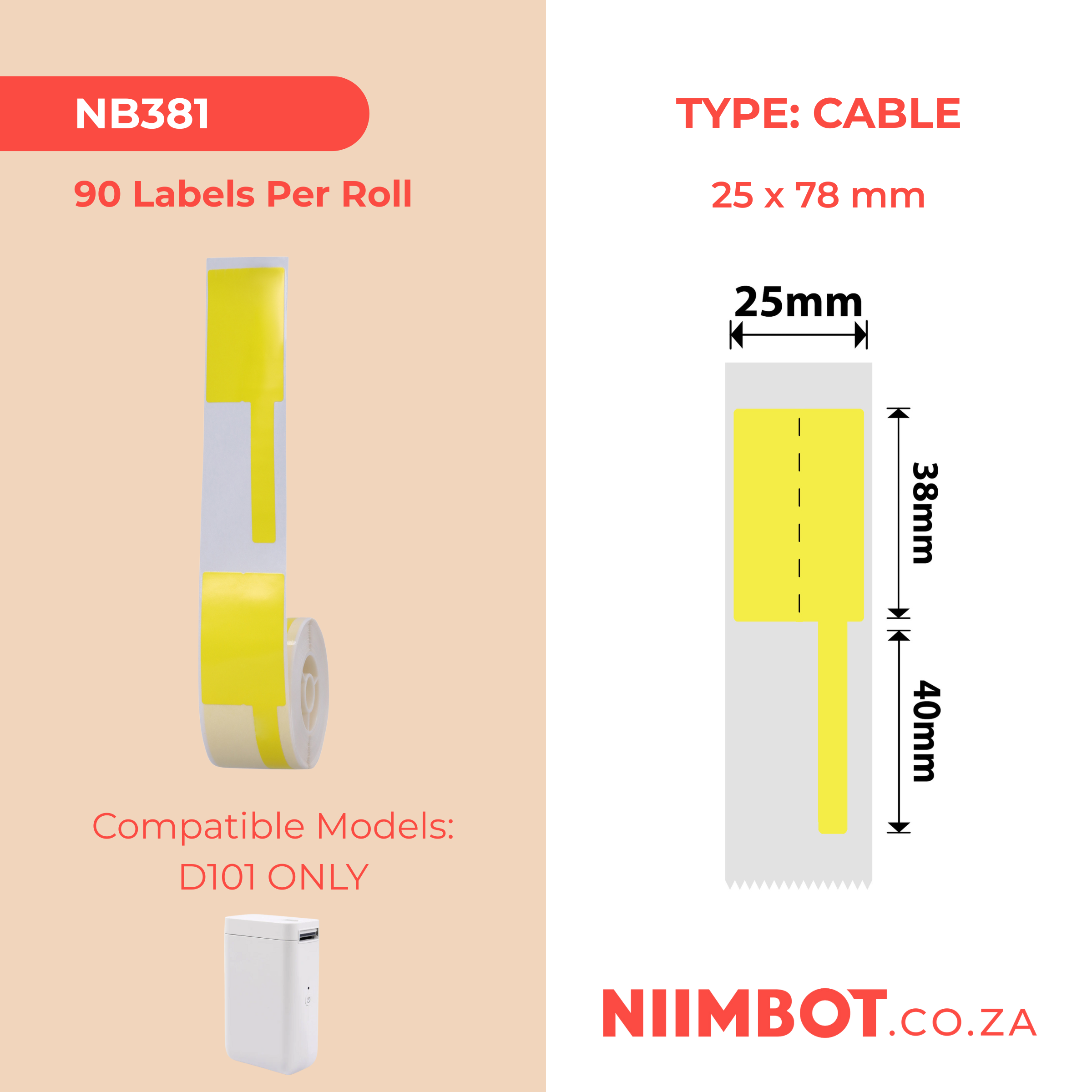 NB381 - NIIMBOT - D101 ONLY - R25*78 - 90 LABELS PER ROLL - CABLE - YELLOW