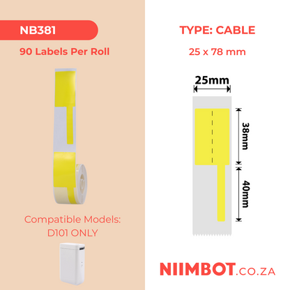 NB381 - NIIMBOT - D101 ONLY - R25*78 - 90 LABELS PER ROLL - CABLE - YELLOW