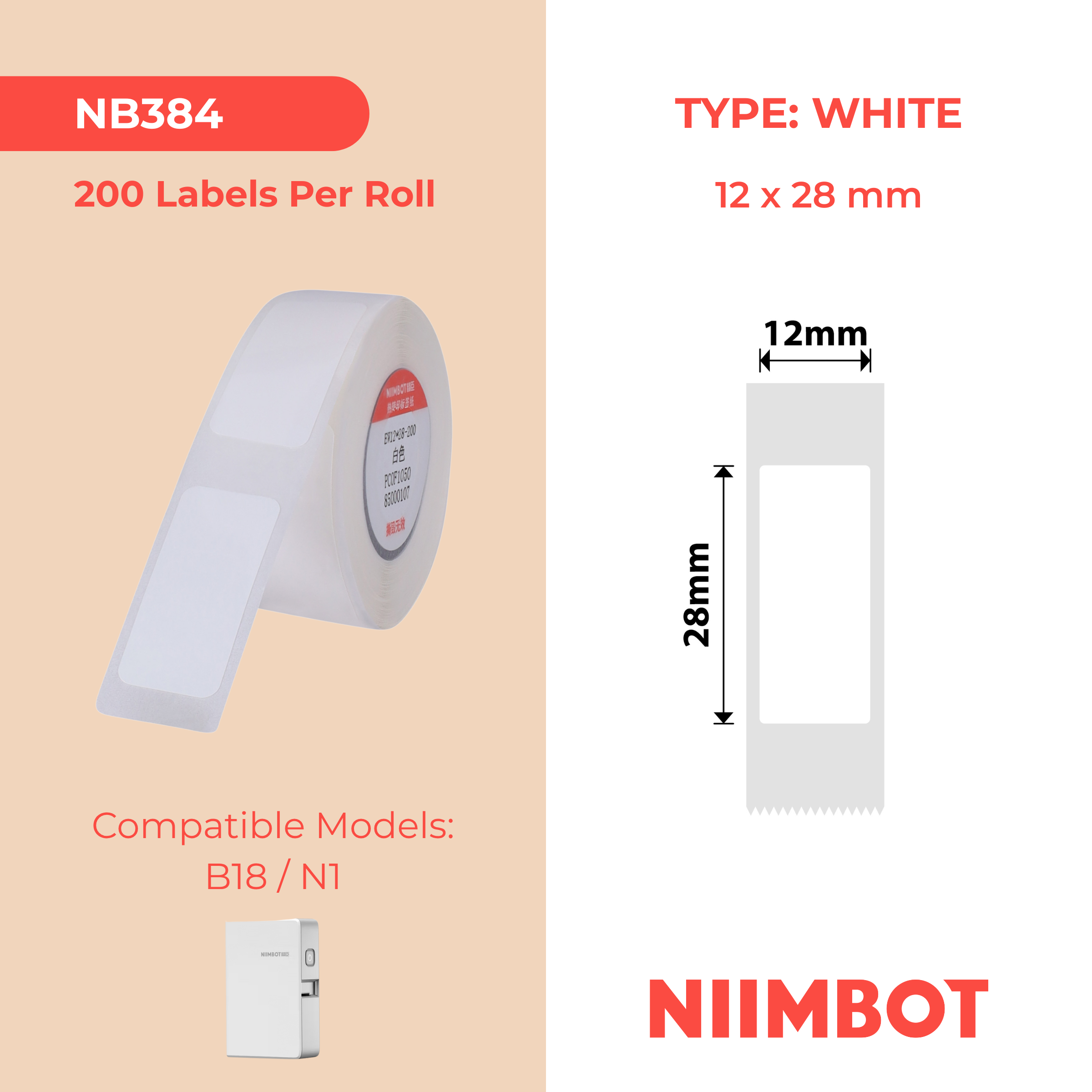 NB384 - Niimbot - N1 - 12x28mm - 200 White Labels