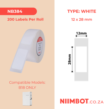 NB384 - NIIMBOT - B18 - EL12*28mm - 200 ETIKETTE PER ROL - WIT ONTWERP