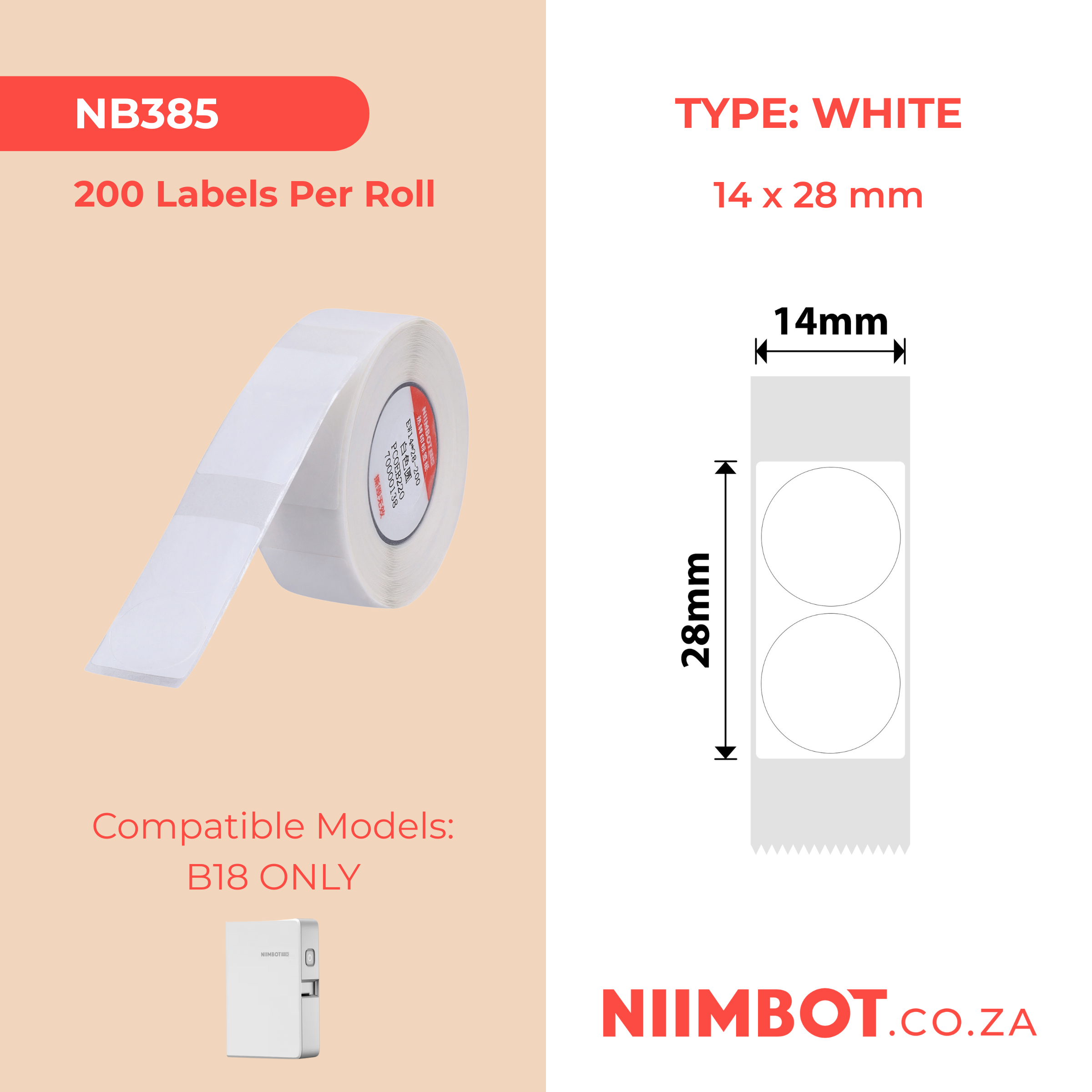 NB385 - NIIMBOT - B18 / N1 - EL14*28mm -200 LABELS PER ROLL - WHITE ROUND DESIGN
