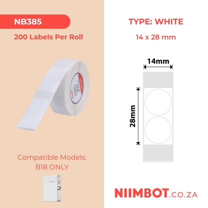 NB385 - NIIMBOT - B18 / N1 - EL14*28mm -200 LABELS PER ROLL - WHITE ROUND DESIGN