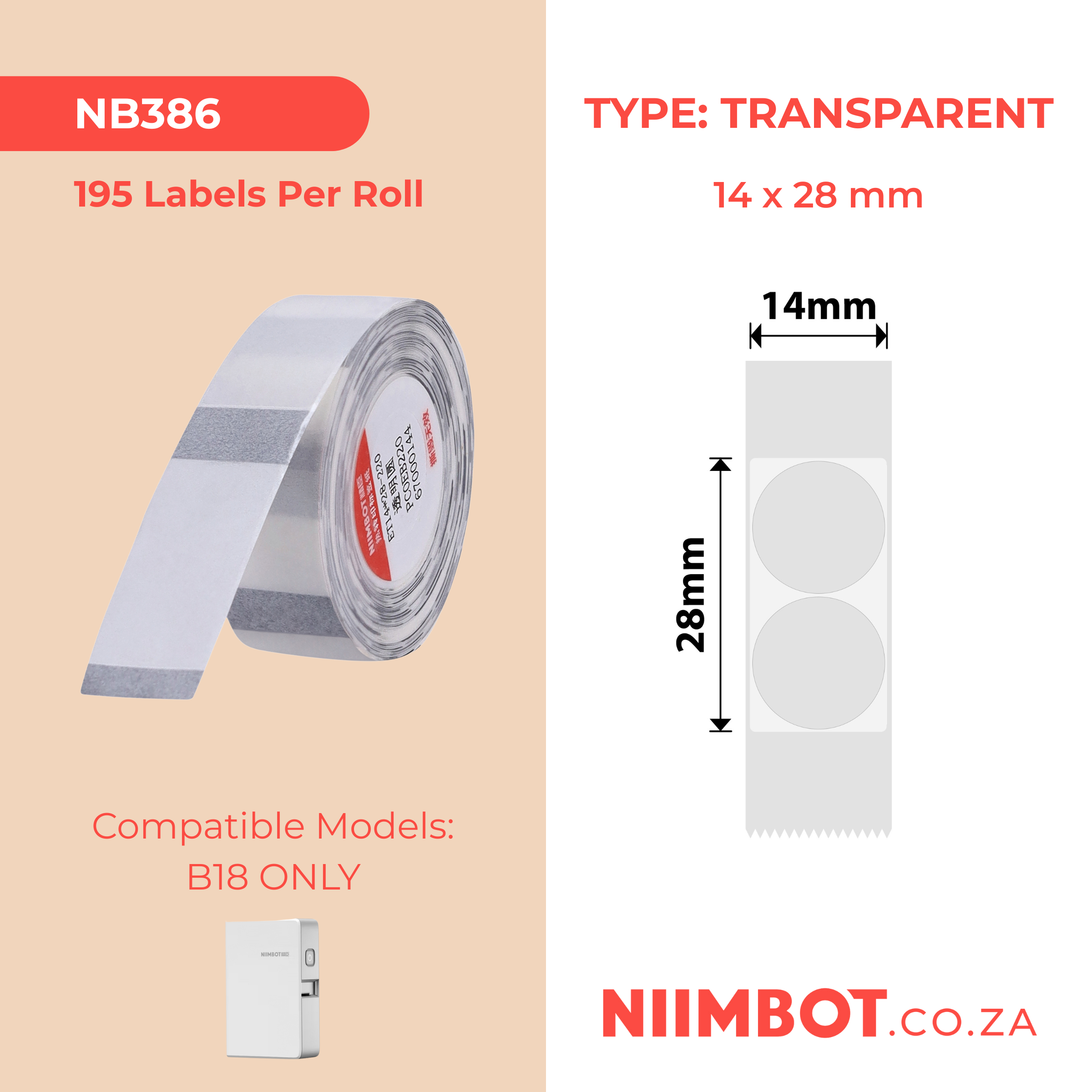 NB386 - NIIMBOT - B18 / N1 - ET14*28MM - 195 LABELS PER ROLL - ROUND - TRANSPARENT