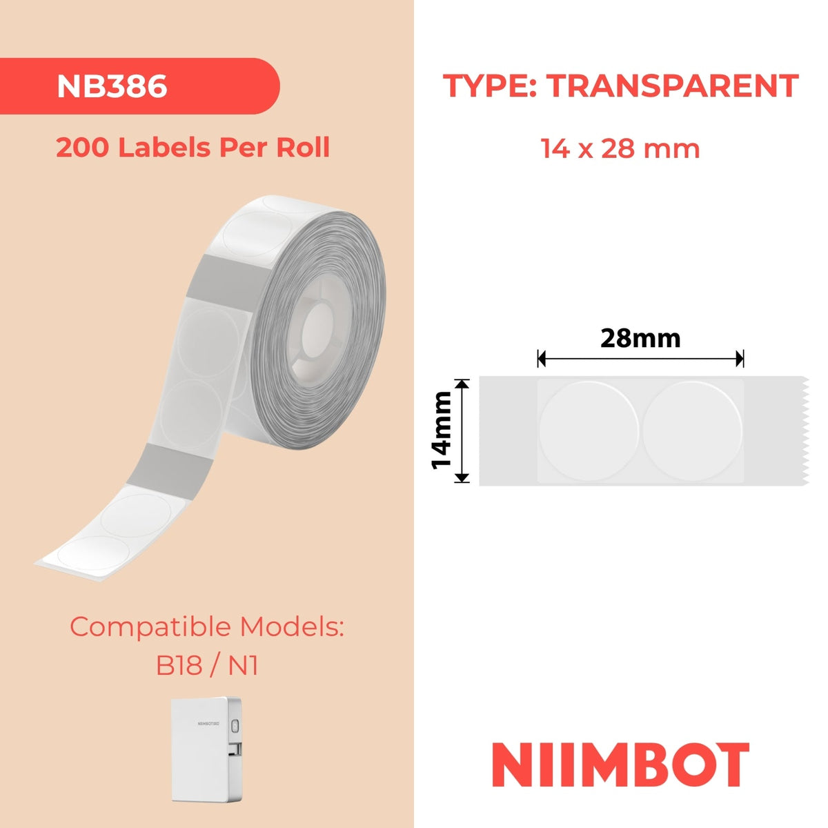 NB386 - NIIMBOT - B18 - ET14*28MM - 195 ETIKETTE PER ROL - ROND - DEURSIGTIG
