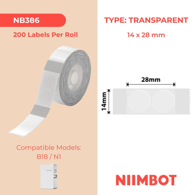 NB386 - NIIMBOT - B18 - ET14*28MM - 195 ETIKETTE PER ROL - ROND - DEURSIGTIG