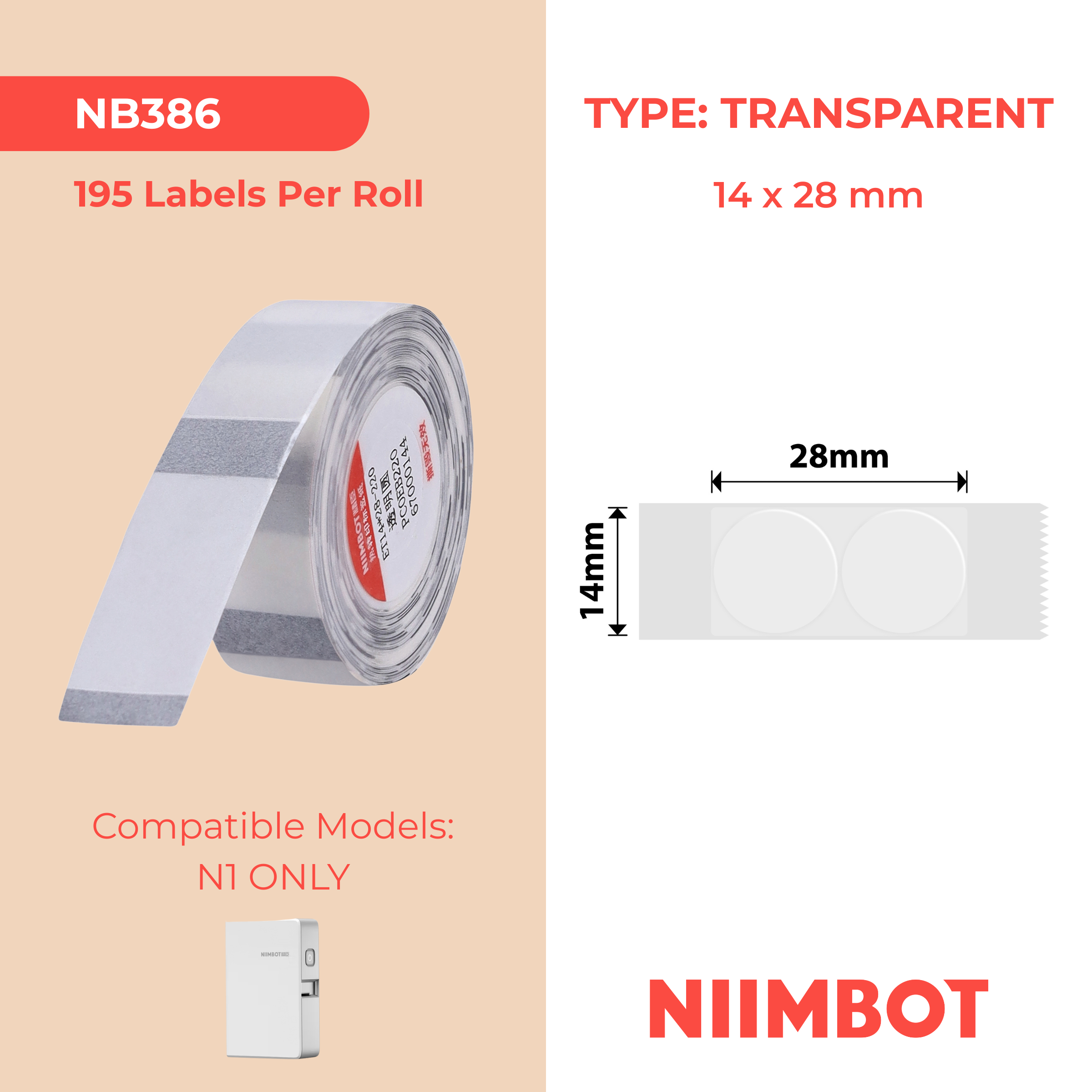 NB386 - NIIMBOT - B18 - ET14*28MM - 195 ETIKETTE PER ROL - ROND - DEURSIGTIG