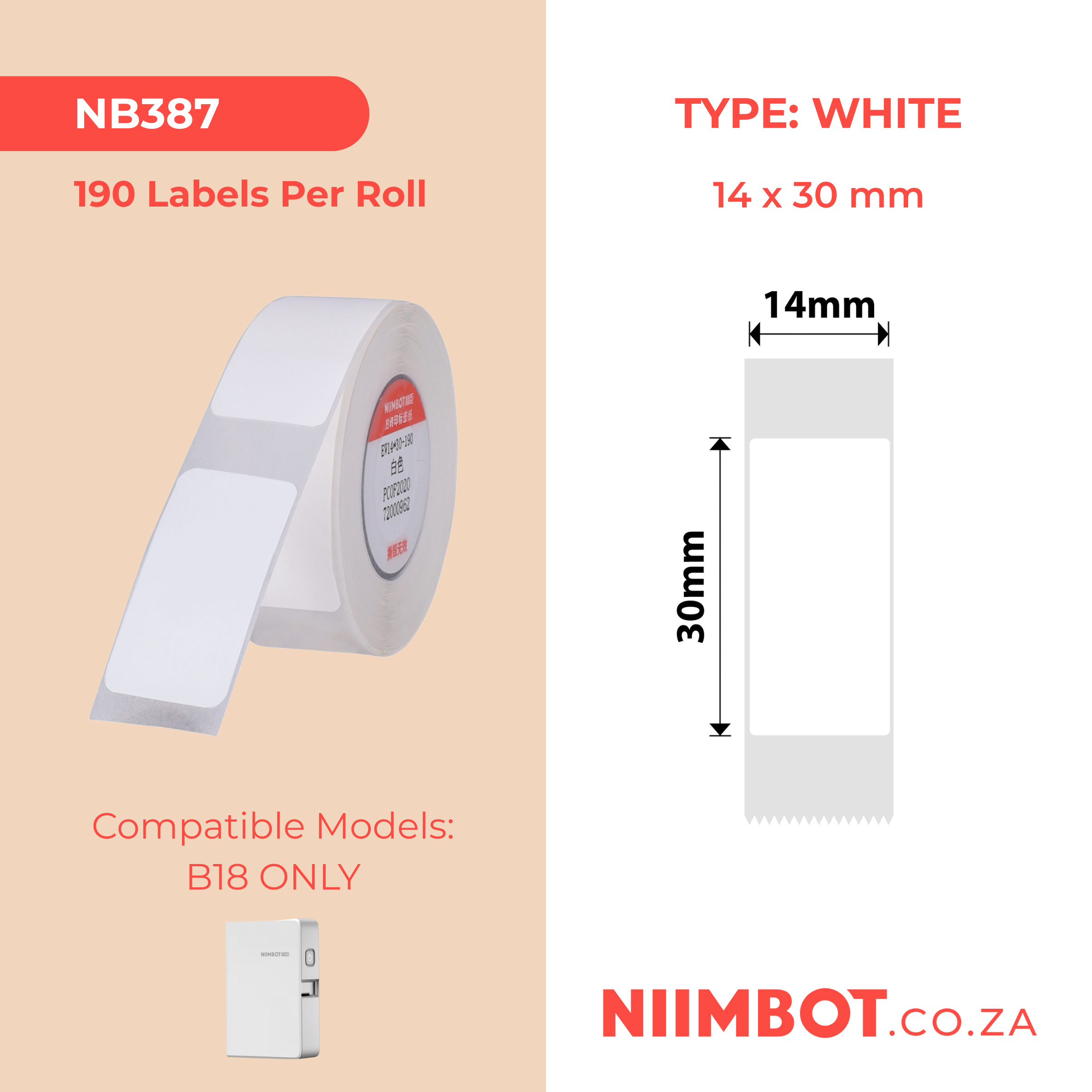 NB387 - NIIMBOT - B18 / N1 - EW14*30mm - 190 LABELS PER ROLL - WHITE