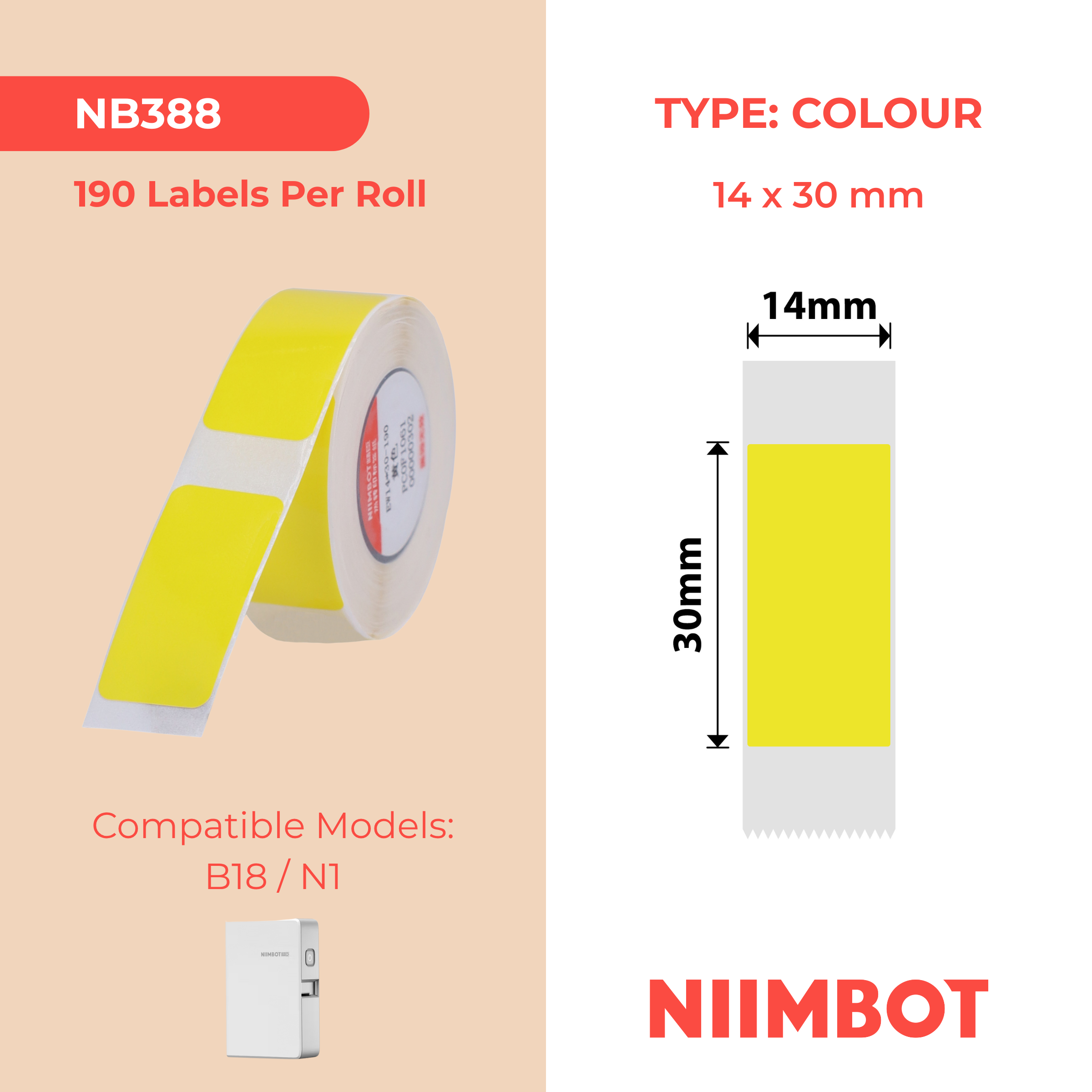 NB388 - Niimbot - N1 - 14x30mm - 190 Yellow Labels
