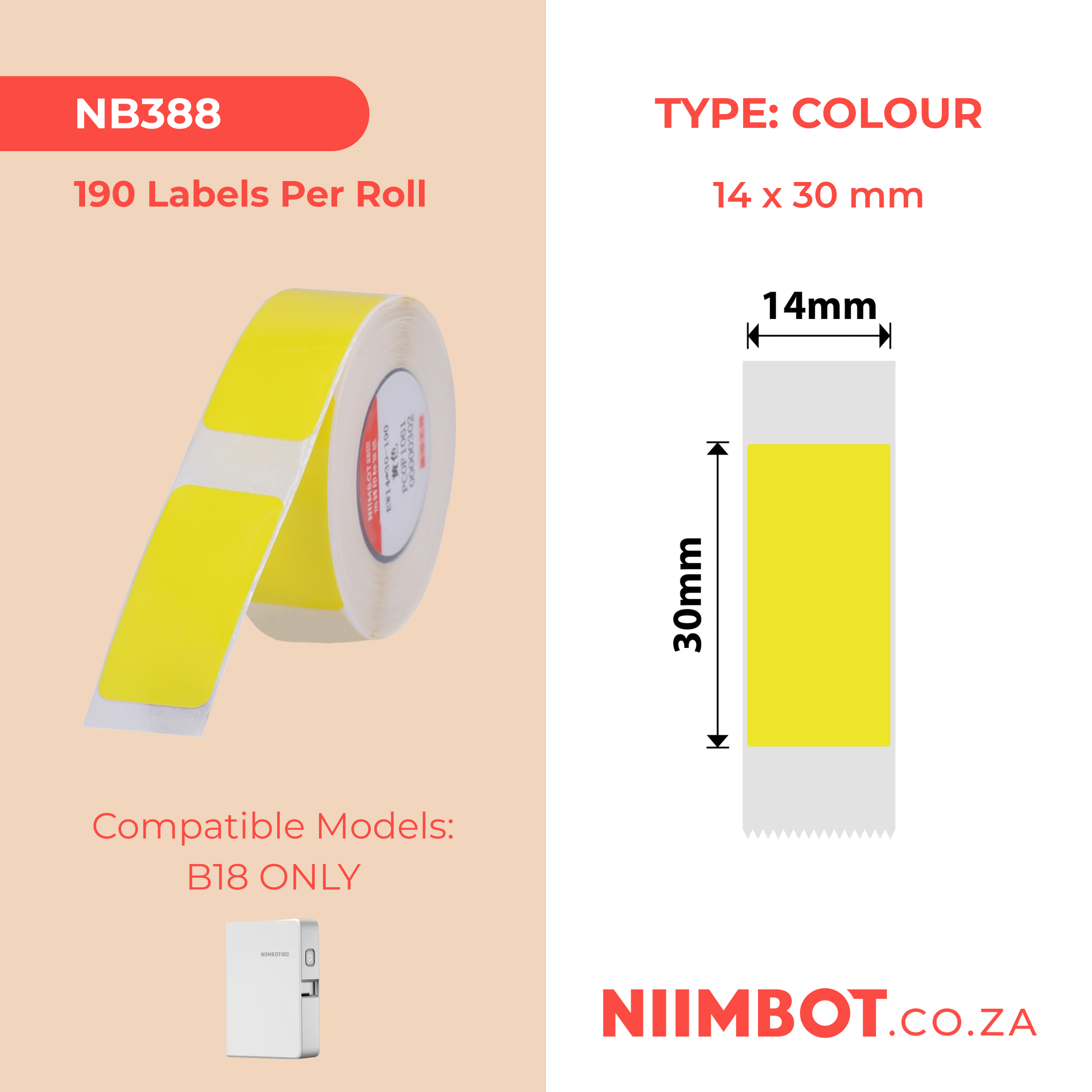 NB388 - NIIMBOT - B18 / N1 - EW14*30mm - 190 LABELS PER ROLL - YELLOW