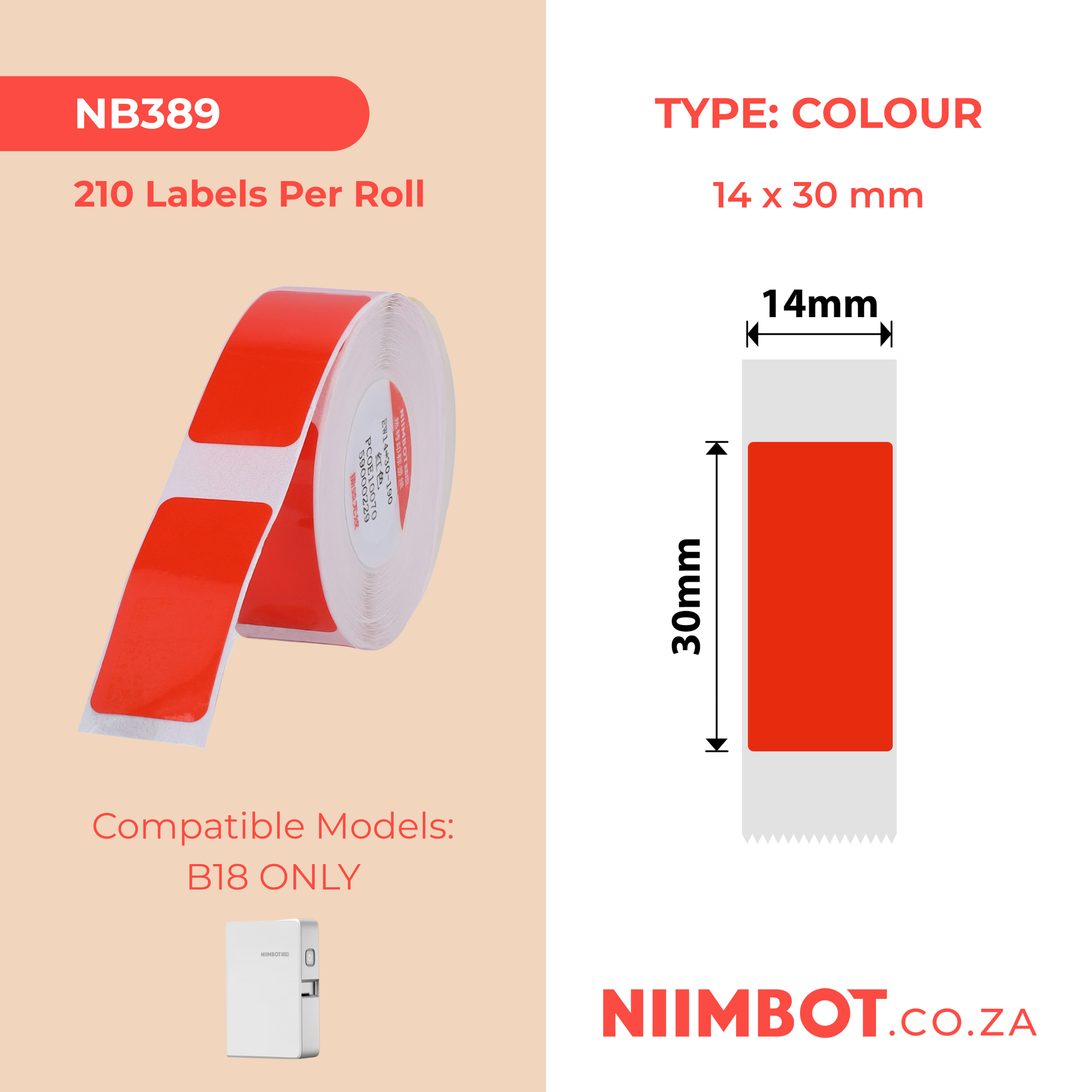 NB389 - NIIMBOT - B18 / N1 - EW14*30mm - 190 LABELS PER ROLL - RED